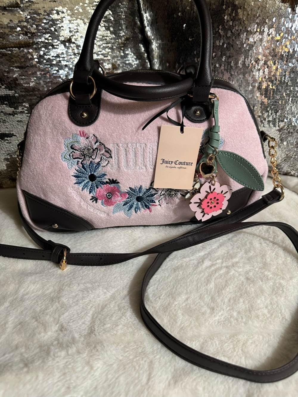 Juicy Couture Pink Floral Appliqué Satchel with Dark Brown Trim